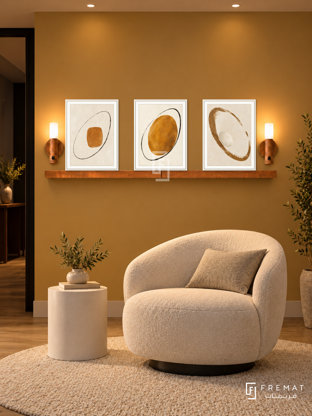 FREMAT Ochre Orbit shelf set with three 30 x 40 cm white frames, 2 cm white borders, honey wood shelf and two warm sensor lamps. Night contemporary mustard reading nook, muted ochre wall, ivory swivel lounge chair, white cylindrical side table, cream wool rug, dark doorway left, ambient ceiling spots.