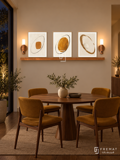 FREMAT Ochre Orbit shelf set with three 30 x 40 cm wooden texture frames, 2 cm white borders, honey wood shelf and two warm sensor lamps. Night mid-century dining space, oatmeal wall, walnut round table, ochre upholstered wooden chairs, dark oak floor, wide dark garden window left.