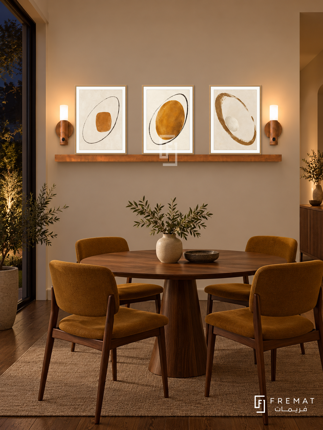 FREMAT Ochre Orbit shelf set with three 30 x 40 cm wooden texture frames, 2 cm white borders, honey wood shelf and two warm sensor lamps. Night mid-century dining space, oatmeal wall, walnut round table, ochre upholstered wooden chairs, dark oak floor, wide dark garden window left.