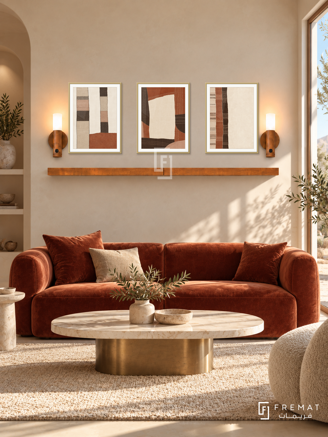 FREMAT Desert Textiles shelf set with three 30 x 40 cm gold frames, 2 cm white borders, honey wood shelf and two warm sensor lamps. Morning refined desert reception, pale beige moulded wall, rust velvet sofa, oval cream marble table on brass base, sand wool carpet, sunlit window right.