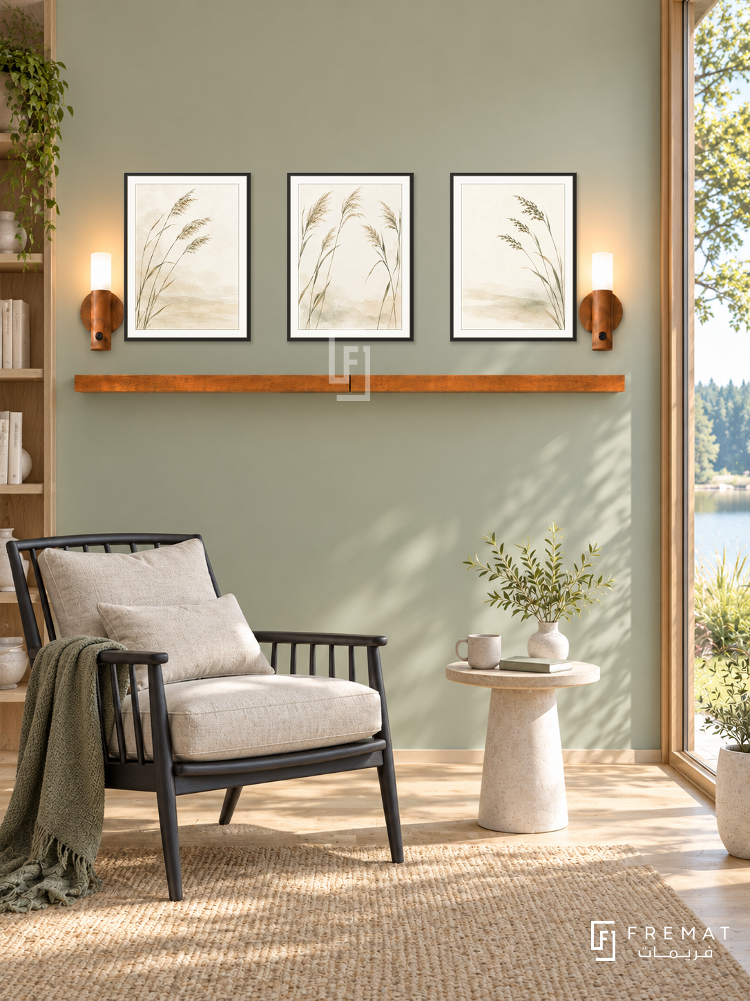 FREMAT Quiet Reeds shelf set with three 30 x 40 cm black frames, 2 cm white borders, honey wood shelf and two warm sensor lamps. Morning minimalist lakeside reading room, pale sage wall, black spindle-back lounge chair with oatmeal cushions, slender round stone side table, pale oak floor, tall sunny garden window right.