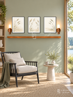 FREMAT Quiet Reeds shelf set with three 30 x 40 cm black frames, 2 cm white borders, honey wood shelf and two warm sensor lamps. Morning minimalist lakeside reading room, pale sage wall, black spindle-back lounge chair with oatmeal cushions, slender round stone side table, pale oak floor, tall sunny garden window right.