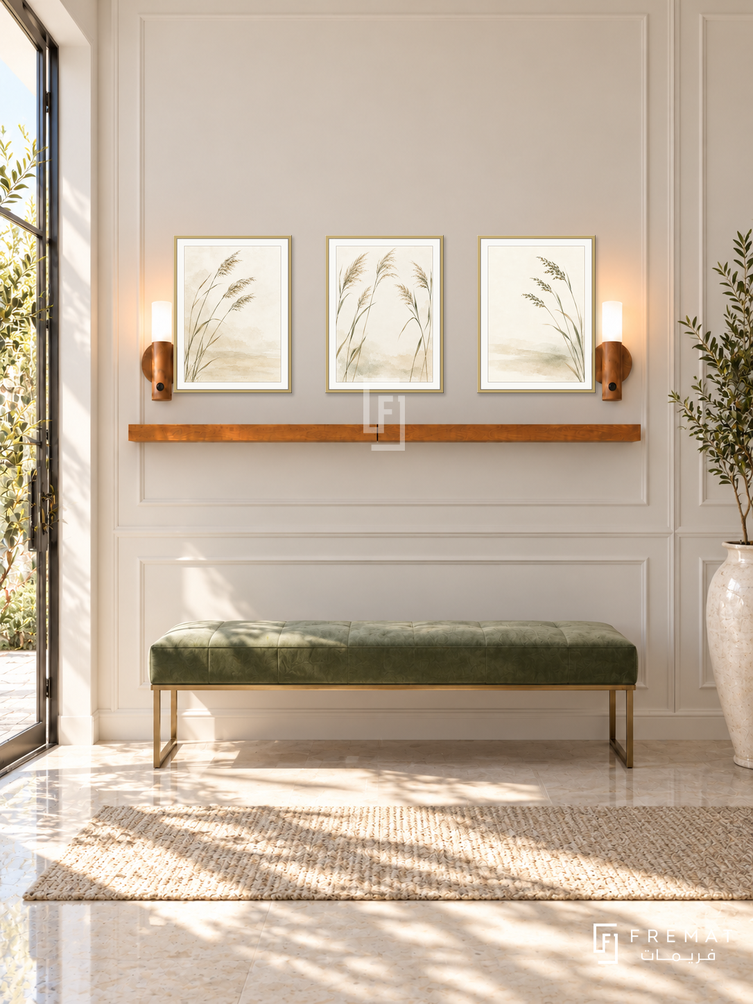 FREMAT Quiet Reeds shelf set with three 30 x 40 cm gold frames, 2 cm white borders, honey wood shelf and two warm sensor lamps. Morning elegant botanical entrance, pale ivory panelled wall, soft green velvet bench with brass legs, cream stone floor, sunlit doorway left, tall ceramic vase far right.
