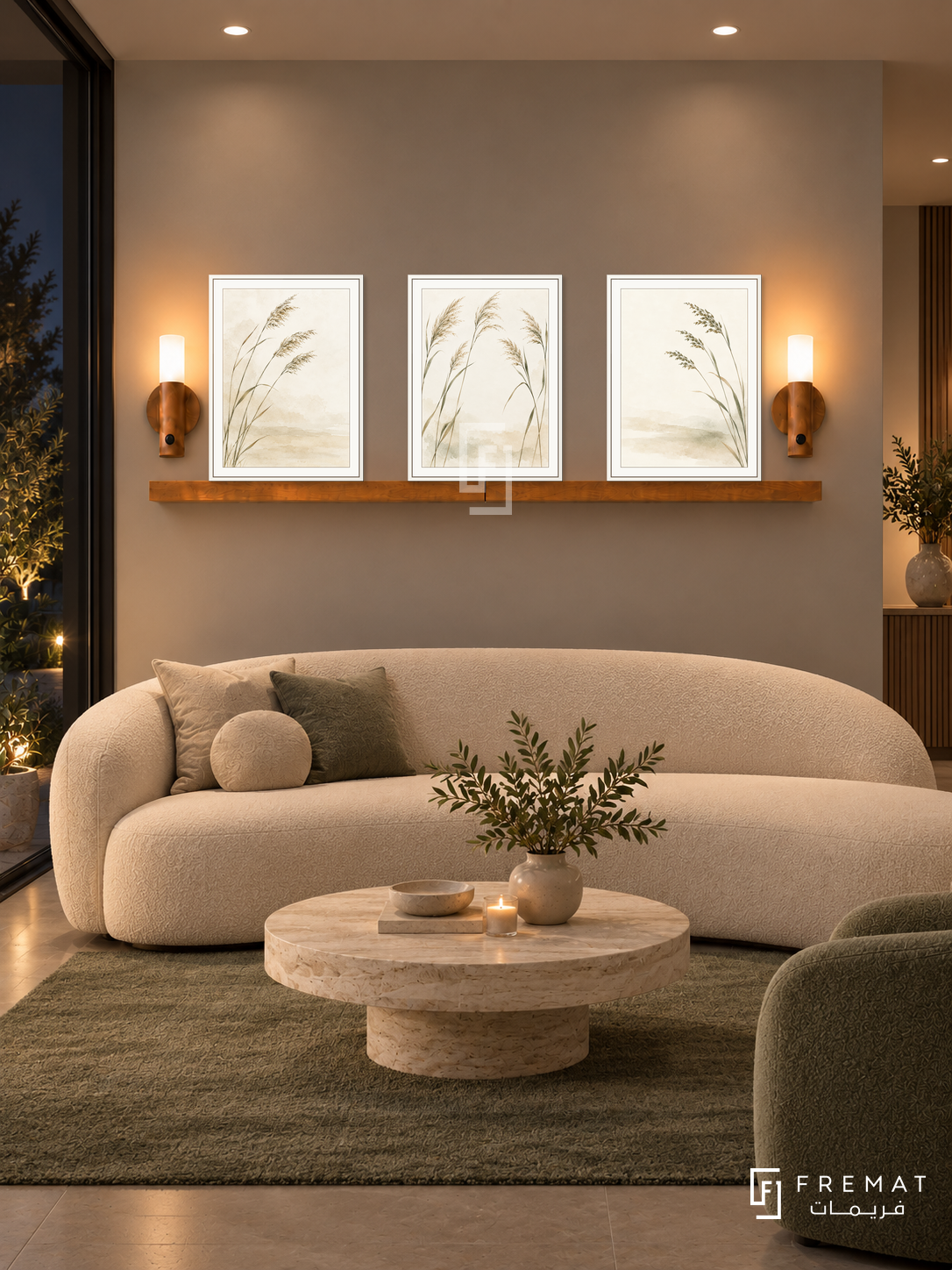 FREMAT Quiet Reeds shelf set with three 30 x 40 cm white frames, 2 cm white borders, honey wood shelf and two warm sensor lamps. Night tranquil modern reception, warm grey wall, cream curved sofa, low white travertine table, muted green rug, dark glass patio doors left, soft ceiling lights.