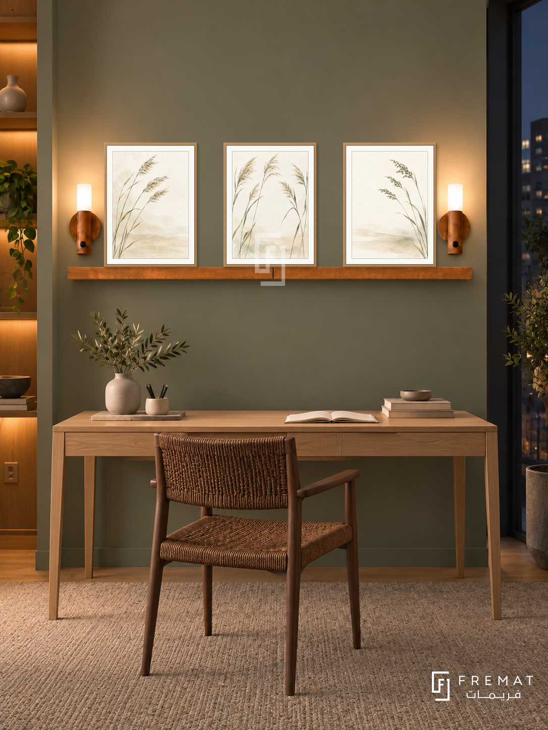 FREMAT Quiet Reeds shelf set with three 30 x 40 cm wooden texture frames, 2 cm white borders, honey wood shelf and two warm sensor lamps. Night contemporary Scandinavian study, muted reed-green wall, pale oak desk, brown woven chair, warm grey carpet, dark window right, amber alcove far left.