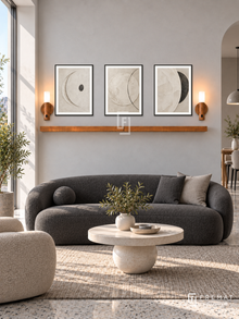 FREMAT Moon Clay shelf set with three 30 x 40 cm black frames, 2 cm white borders, honey wood shelf and two warm sensor lamps. Morning modern lunar-toned lounge, pale grey textured wall, charcoal rounded sofa, cream spherical-base coffee table, grey terrazzo floor, sunny window left.