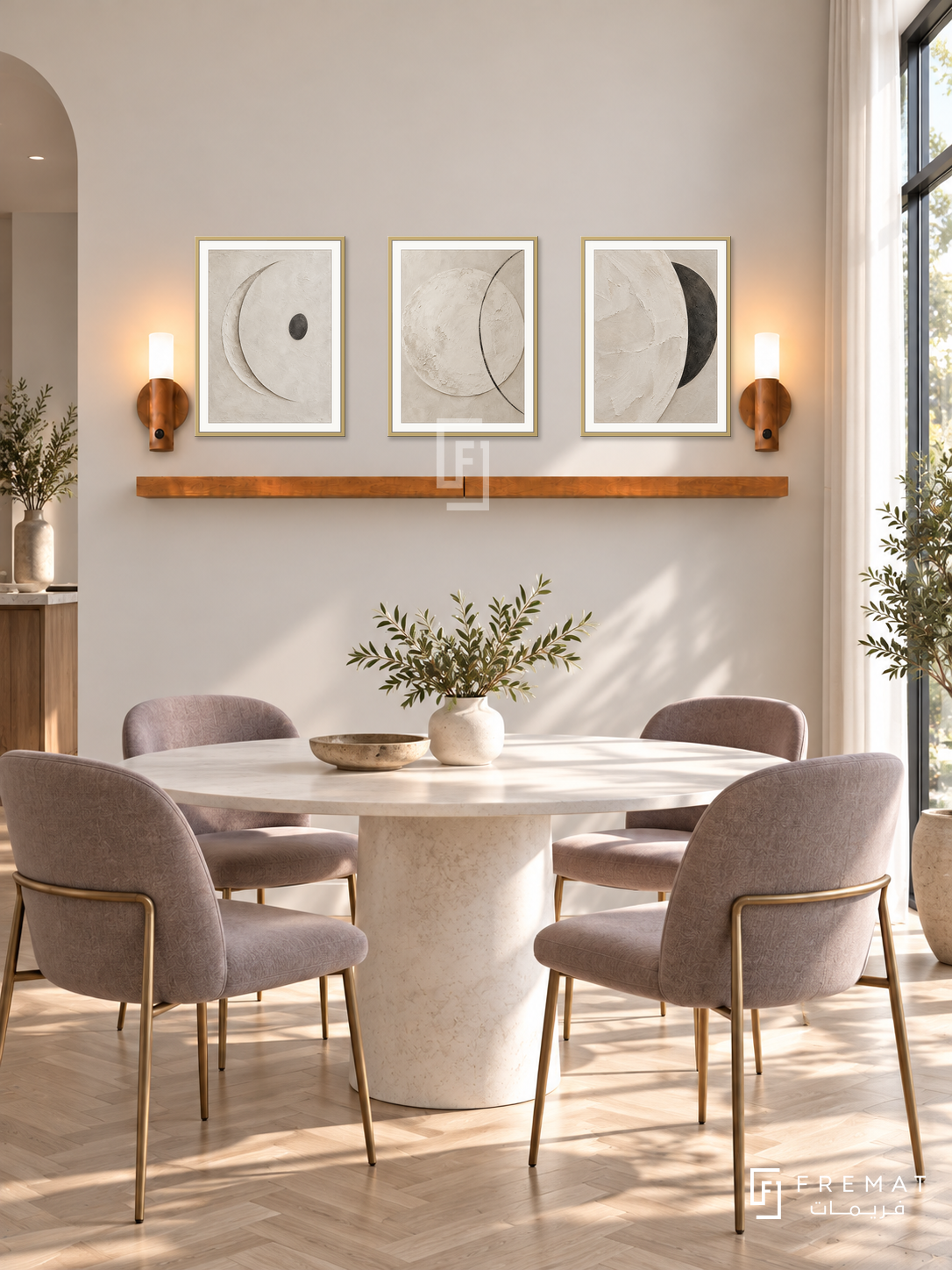 FREMAT Moon Clay shelf set with three 30 x 40 cm gold frames, 2 cm white borders, honey wood shelf and two warm sensor lamps. Morning contemporary elegant dining room, oyster wall, round white stone table, mauve-grey upholstered brass-legged chairs, pale herringbone parquet, tall bright window right.