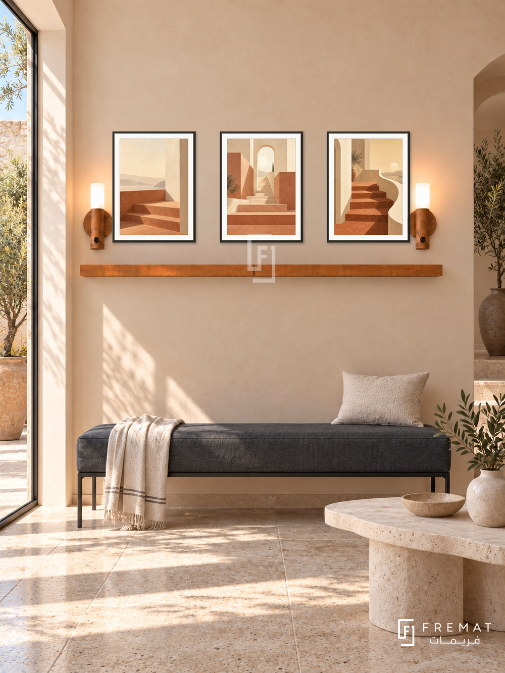 FREMAT Terrace Of Light shelf set with three 30 x 40 cm black frames, 2 cm white borders, honey wood shelf and two warm sensor lamps. Morning modern Mediterranean reception, pale apricot plaster wall, charcoal linen bench with slim steel base, asymmetric limestone table, travertine floor, tall sunlit doorway on left.