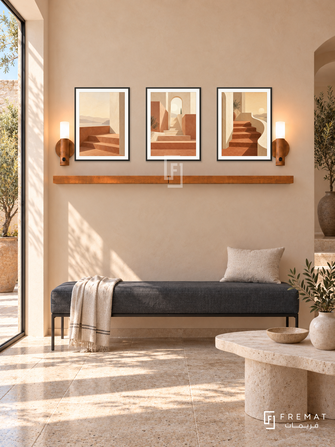 FREMAT Terrace Of Light shelf set with three 30 x 40 cm black frames, 2 cm white borders, honey wood shelf and two warm sensor lamps. Morning modern Mediterranean reception, pale apricot plaster wall, charcoal linen bench with slim steel base, asymmetric limestone table, travertine floor, tall sunlit doorway on left.