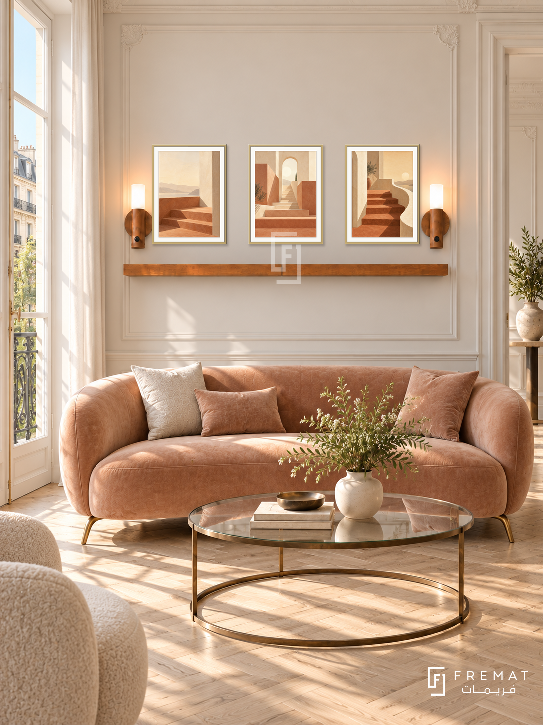 FREMAT Terrace Of Light shelf set with three 30 x 40 cm gold frames, 2 cm white borders, honey wood shelf and two warm sensor lamps. Morning Parisian salon, warm ivory moulded wall, peach velvet sofa curved brass feet, round glass and bronze coffee table, bleached herringbone floor, tall sunny window on left.