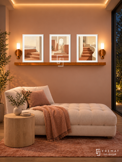 FREMAT Terrace Of Light shelf set with three 30 x 40 cm white frames, 2 cm white borders, honey wood shelf and two warm sensor lamps. Night contemporary bedroom sitting corner, dusty peach wall, ivory tufted chaise and cylindrical pale oak table, muted coral rug, deep dark garden window right, warm recessed ceiling lighting.