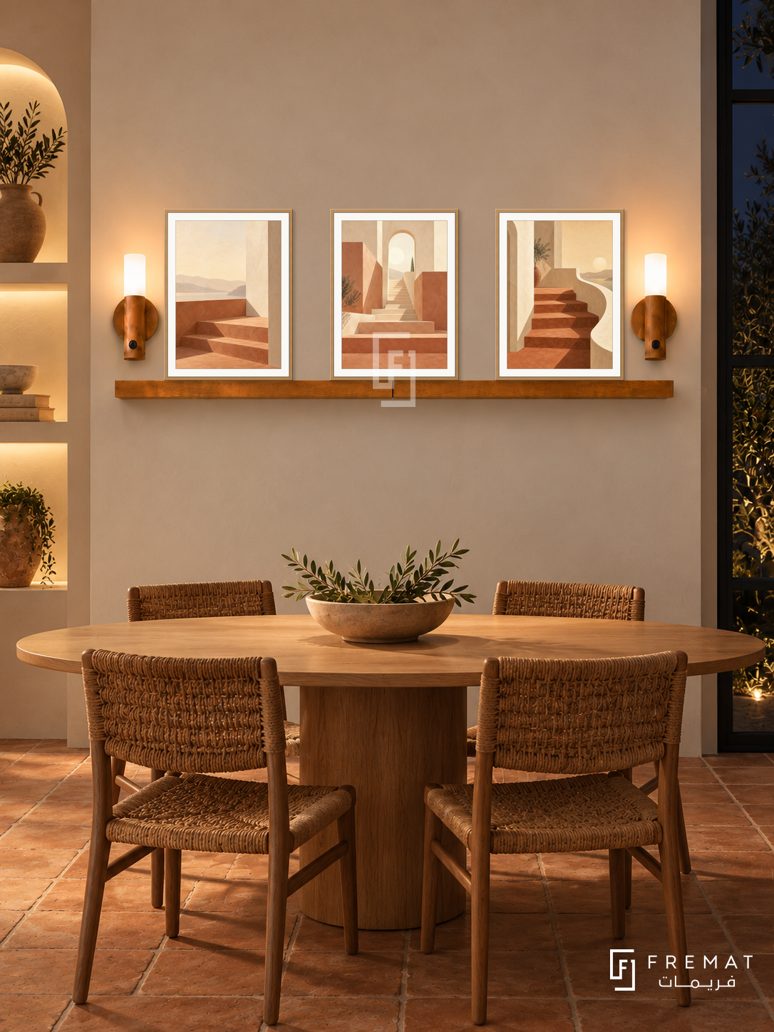 FREMAT Terrace Of Light shelf set with three 30 x 40 cm wooden texture frames, 2 cm white borders, honey wood shelf and two warm sensor lamps. Night modern coastal dining nook, cream limewash wall, oval oak table and woven caramel chairs, terracotta tiled floor, dark narrow window on right, softly illuminated recessed display alcove left.