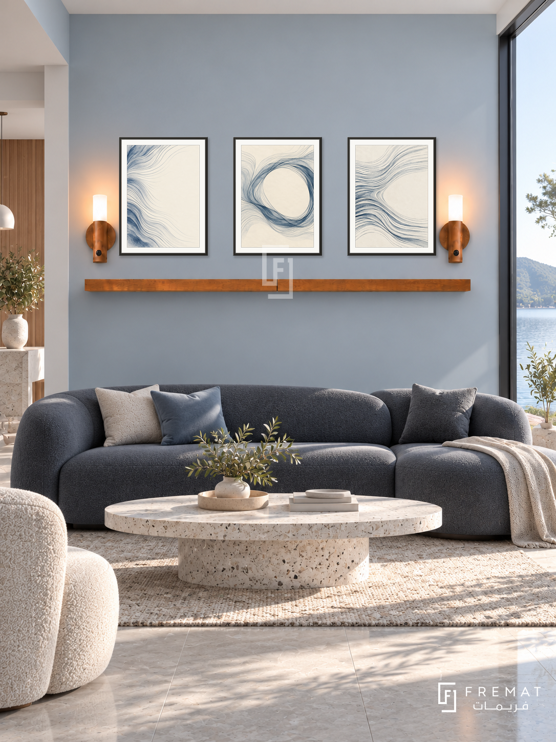 FREMAT Woven Water shelf set with three 30 x 40 cm black frames, 2 cm white borders, honey wood shelf and two warm sensor lamps. Morning contemporary waterfront lounge, mist blue wall, charcoal sculptural sofa, pale terrazzo oval table, pale grey limestone floor, sunny lake view window right.