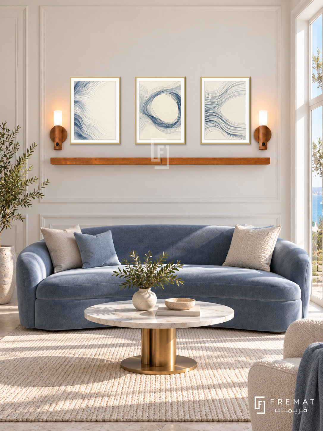 FREMAT Woven Water shelf set with three 30 x 40 cm gold frames, 2 cm white borders, honey wood shelf and two warm sensor lamps. Morning elegant coastal reception, ivory panelled wall, dusty blue velvet curved sofa, small round marble table with brass base, pale sand rug, sunny tall window right.