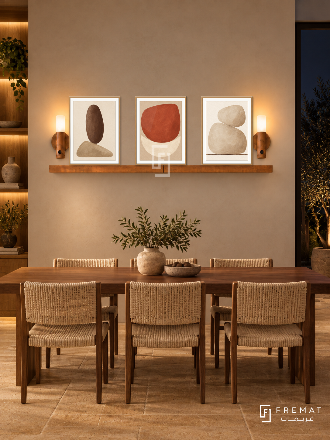 FREMAT Earthen Balance shelf set with three 30 x 40 cm wooden texture frames, 2 cm white borders, honey wood shelf and two warm sensor lamps. Night rustic-modern dining space, warm chalk wall, rectangular walnut table with woven cream chairs, sandstone floor, dark window right, softly lit timber shelving left.