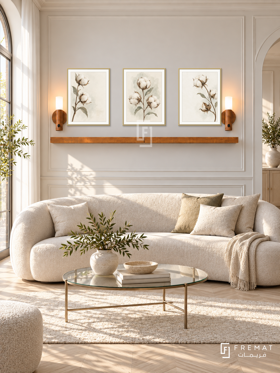 FREMAT Wild Cotton shelf set with three 30 x 40 cm gold frames, 2 cm white borders, honey wood shelf and two warm sensor lamps. Morning French contemporary reception, ivory moulded wall, pale oatmeal curved sofa, small glass table on champagne metal legs, pale chevron floor, gauzy sunny window left.