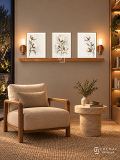 FREMAT Wild Cotton shelf set with three 30 x 40 cm wooden texture frames, 2 cm white borders, honey wood shelf and two warm sensor lamps. Night organic reading alcove, warm greige wall, oatmeal armchair with solid oak arms, rounded travertine side table, woven beige rug, dark garden view left, lit bookcase right.
