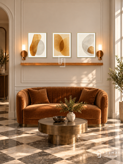 FREMAT Amber Glass shelf set with three 30 x 40 cm gold frames, 2 cm white borders, honey wood shelf and two warm sensor lamps. Morning art deco reception, warm pearl wall with narrow geometric moulding, cognac velvet loveseat, bronze circular table, checkerboard limestone, sunlight from right.