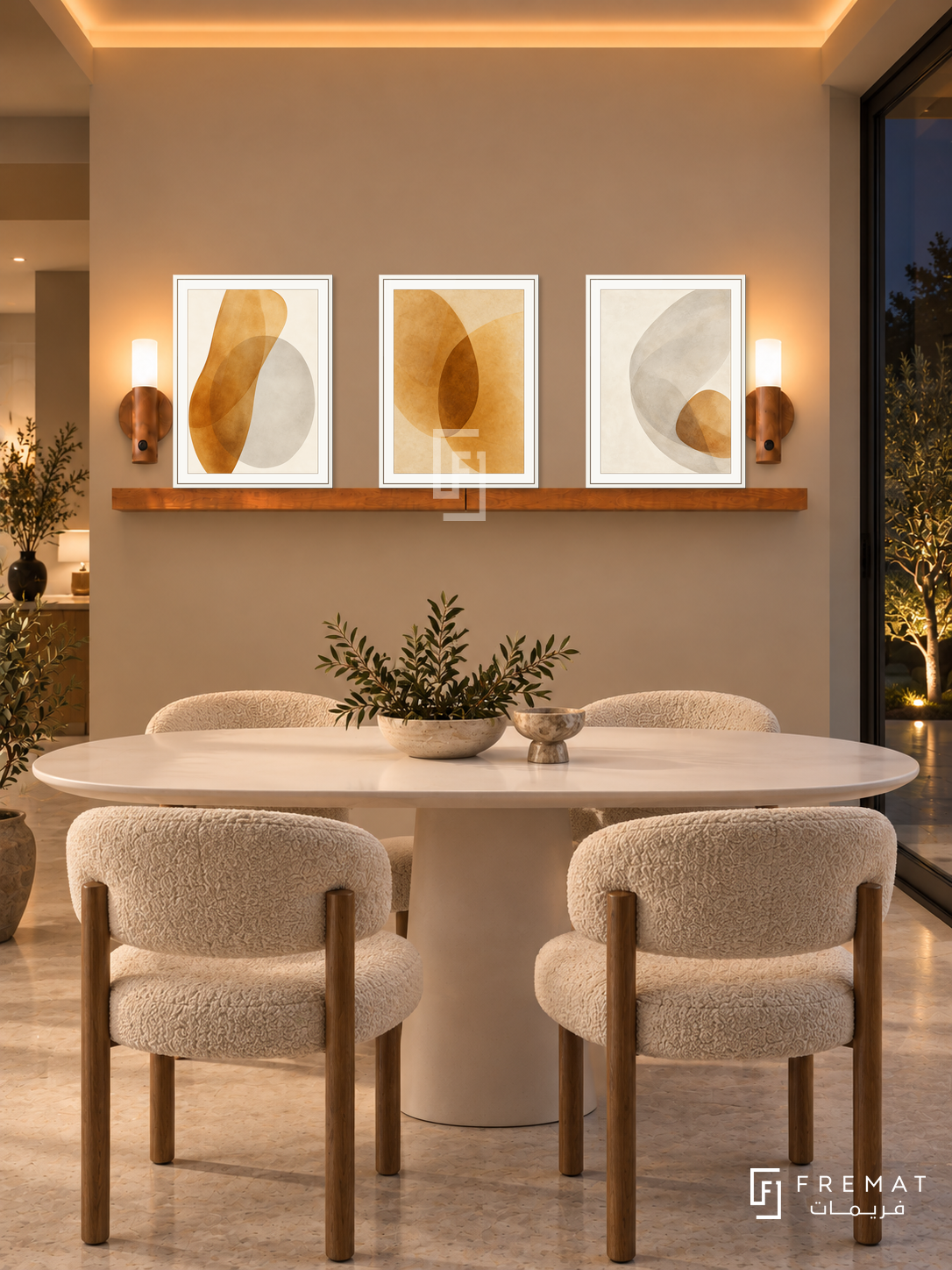 FREMAT Amber Glass shelf set with three 30 x 40 cm white frames, 2 cm white borders, honey wood shelf and two warm sensor lamps. Night modern dining alcove, caramel beige wall, white oval table and cream boucle chairs, pale stone floor, dark glass garden door right, amber ceiling cove.