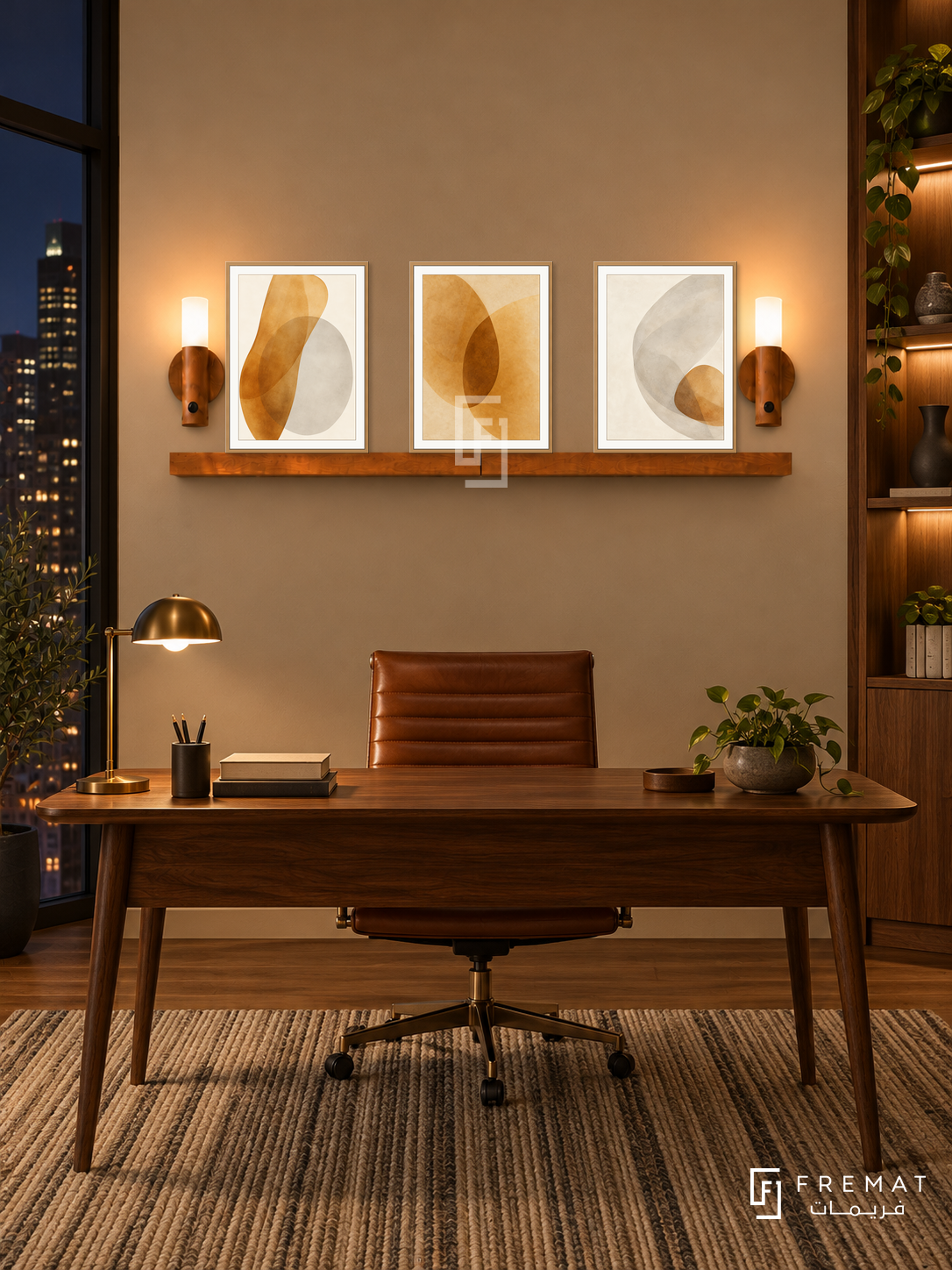 FREMAT Amber Glass shelf set with three 30 x 40 cm wooden texture frames, 2 cm white borders, honey wood shelf and two warm sensor lamps. Night midcentury study, tan wall, walnut desk with leather chair, narrow wool striped rug, dark city window left, lit recessed cabinet right.