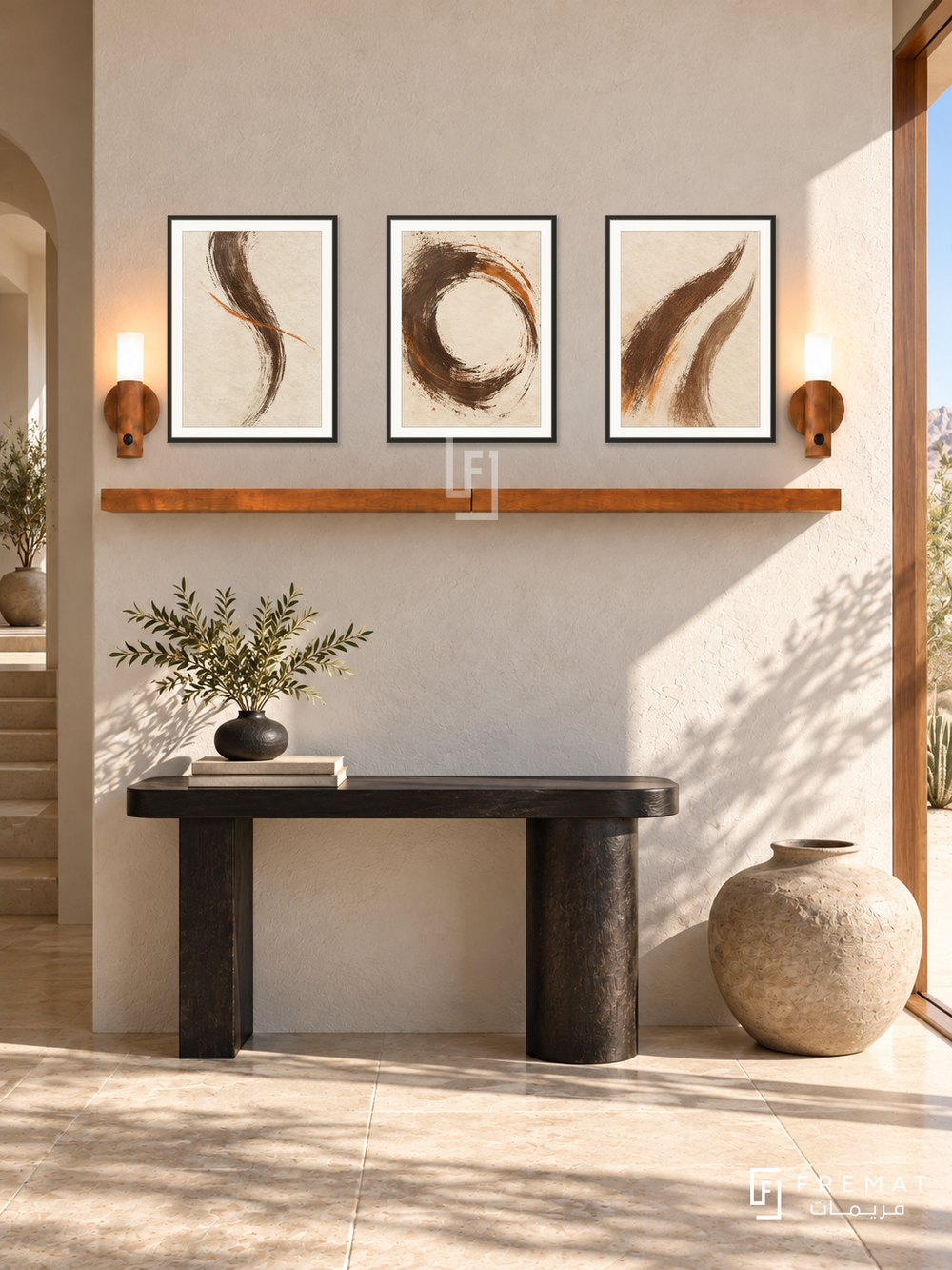 FREMAT Sand Script shelf set with three 30 x 40 cm black frames, 2 cm white borders, honey wood shelf and two warm sensor lamps. Morning desert contemporary corridor, ivory rough plaster wall, black sculptural console, large low clay vessel, pale sandstone floor, sharp sunlight through doorway right.