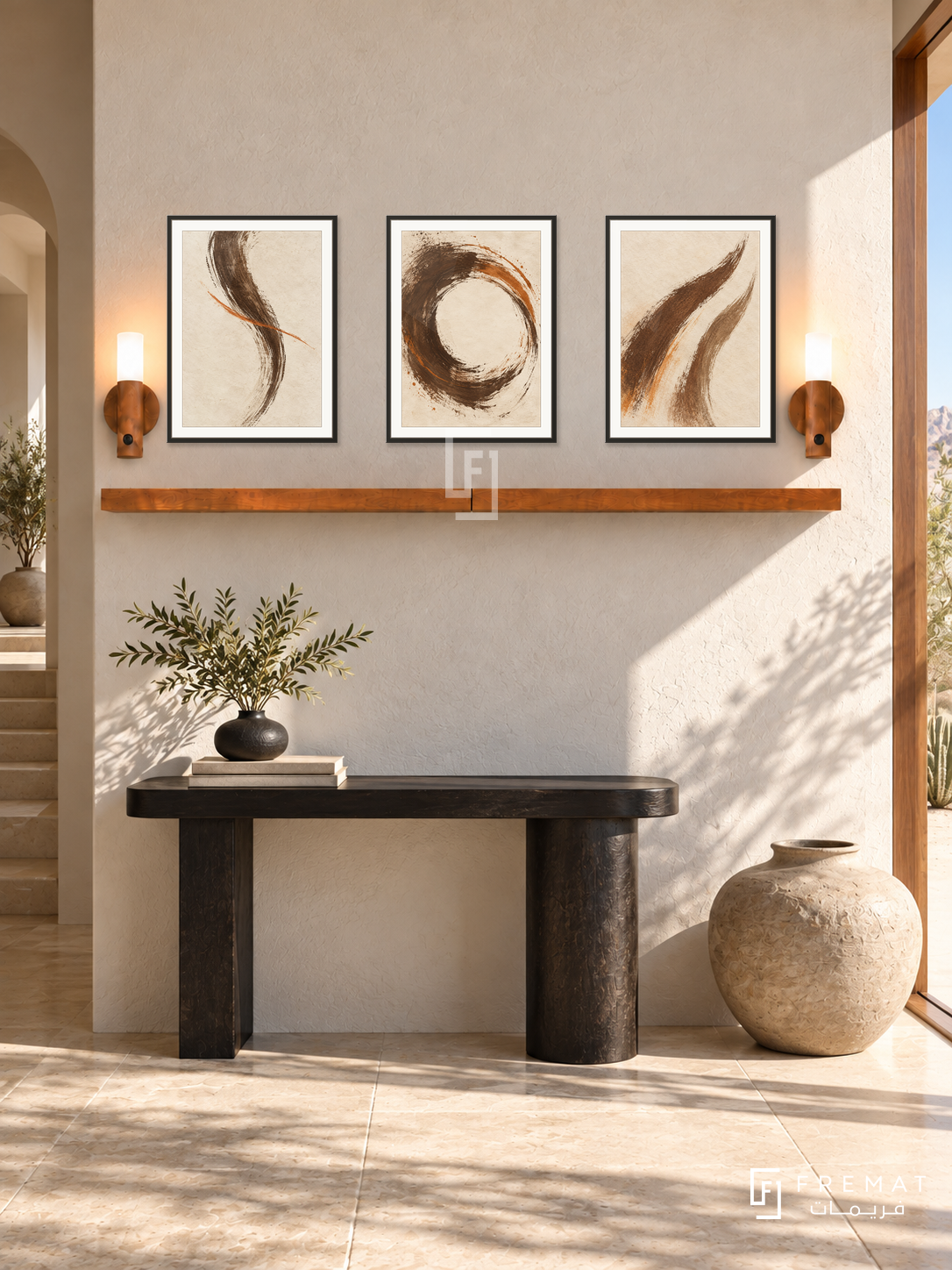 FREMAT Sand Script shelf set with three 30 x 40 cm black frames, 2 cm white borders, honey wood shelf and two warm sensor lamps. Morning desert contemporary corridor, ivory rough plaster wall, black sculptural console, large low clay vessel, pale sandstone floor, sharp sunlight through doorway right.