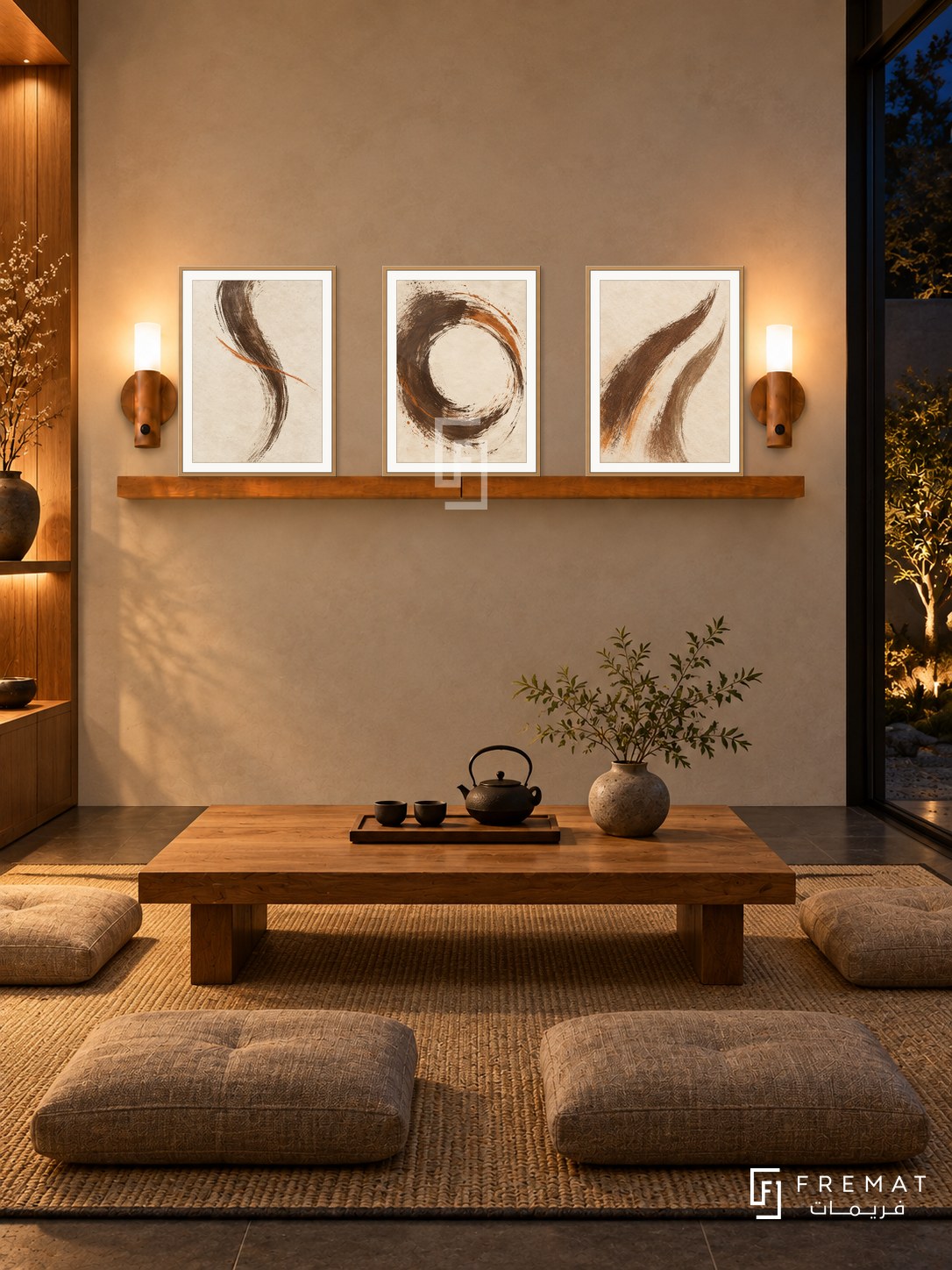 FREMAT Sand Script shelf set with three 30 x 40 cm wooden texture frames, 2 cm white borders, honey wood shelf and two warm sensor lamps. Night Japanese tea room, warm limestone wall, low oak table and floor cushions, woven tatami texture rug, dark courtyard glazing right, amber timber alcove left.