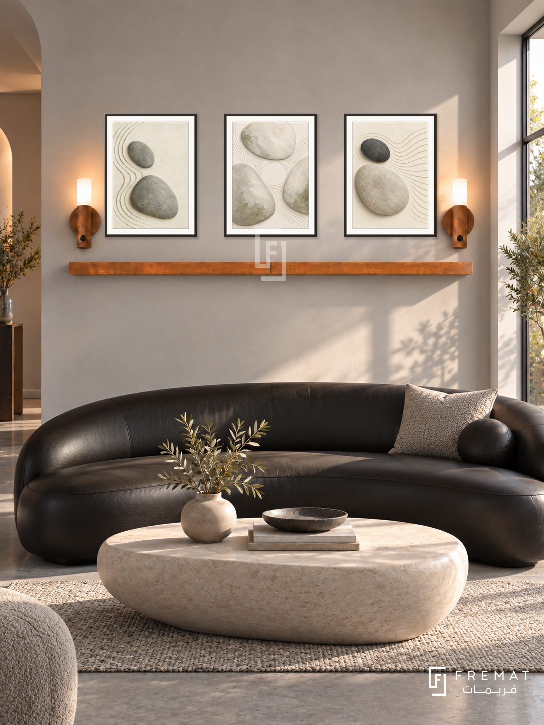 FREMAT Pebble Garden shelf set with three 30 x 40 cm black frames, 2 cm white borders, honey wood shelf and two warm sensor lamps. Morning sculptural modern lounge, warm grey microcement wall, black curved leather sofa, pebble shaped pale stone coffee table, grey concrete floor, square sunny window right.