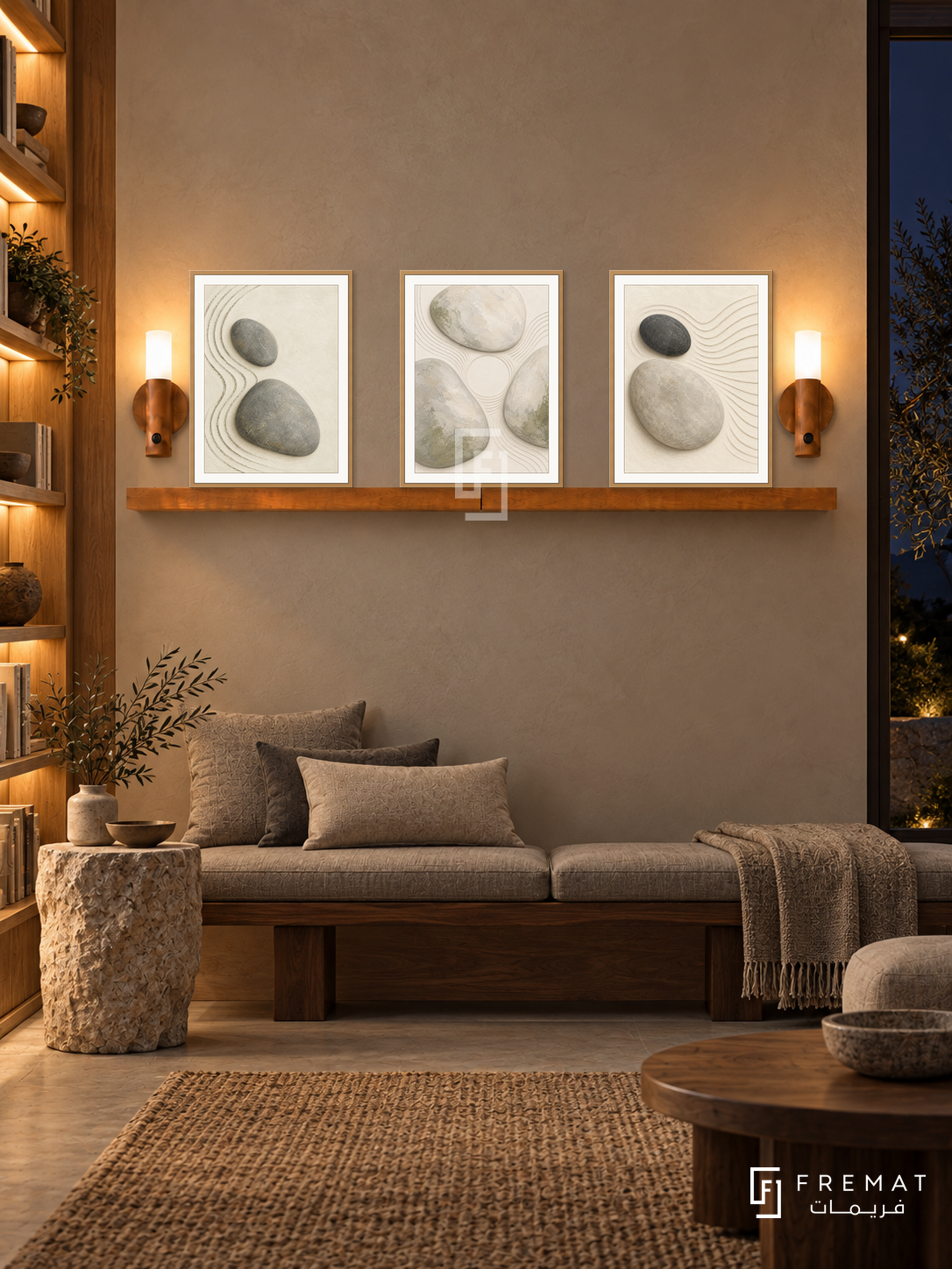 FREMAT Pebble Garden shelf set with three 30 x 40 cm wooden texture frames, 2 cm white borders, honey wood shelf and two warm sensor lamps. Night wabi sabi library, taupe plaster wall, low walnut bench with grey linen cushions, rough stone side table, woven rug, dark window right, illuminated oak bookcase left.