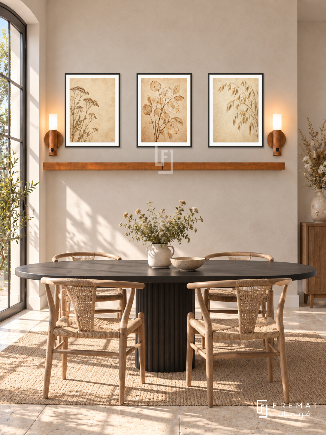 FREMAT Dried Meadow shelf set with three 30 x 40 cm black frames, 2 cm white borders, honey wood shelf and two warm sensor lamps. Morning farmhouse-modern dining corner, pale wheat plaster wall, black oval dining table and light woven chairs, cream stone floor, sunny French door left, dried meadow flowers at far right.