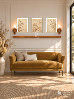 FREMAT Dried Meadow shelf set with three 30 x 40 cm gold frames, 2 cm white borders, honey wood shelf and two warm sensor lamps. Morning elegant countryside hall, cream panelled wall, muted mustard velvet settee with bronze feet, pale oak parquet, sunlit glass door right, tall dry floral vase left.