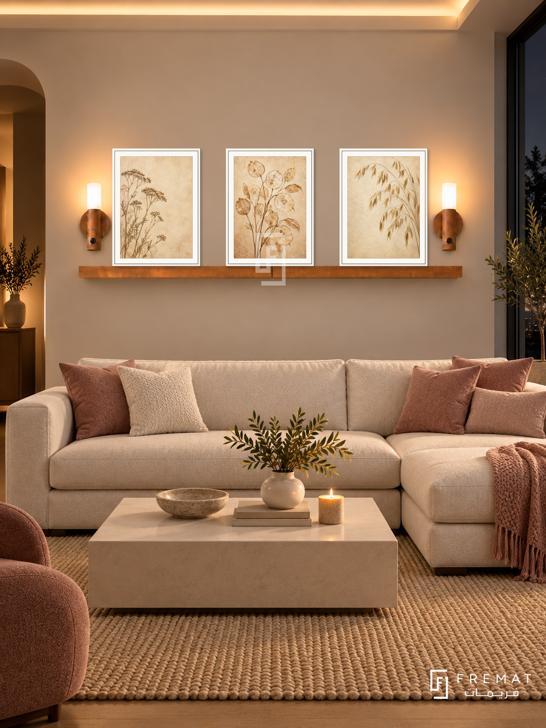 FREMAT Dried Meadow shelf set with three 30 x 40 cm white frames, 2 cm white borders, honey wood shelf and two warm sensor lamps. Night soft contemporary lounge, warm oat wall, ivory sectional with dusty rose cushions, cream rectangular coffee table, textured wheat rug, dark window right, warm ceiling cove.