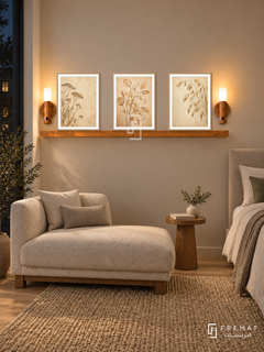 FREMAT Dried Meadow shelf set with three 30 x 40 cm wooden texture frames, 2 cm white borders, honey wood shelf and two warm sensor lamps. Night Scandinavian bedroom corner, warm beige wall, oatmeal chaise on oak base, slender wooden side table, flax woven rug, dark window left and upholstered bed edge right.