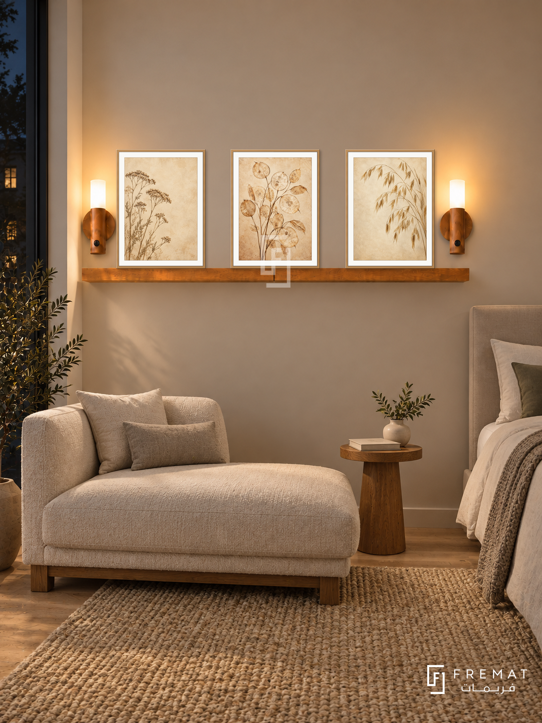 FREMAT Dried Meadow shelf set with three 30 x 40 cm wooden texture frames, 2 cm white borders, honey wood shelf and two warm sensor lamps. Night Scandinavian bedroom corner, warm beige wall, oatmeal chaise on oak base, slender wooden side table, flax woven rug, dark window left and upholstered bed edge right.
