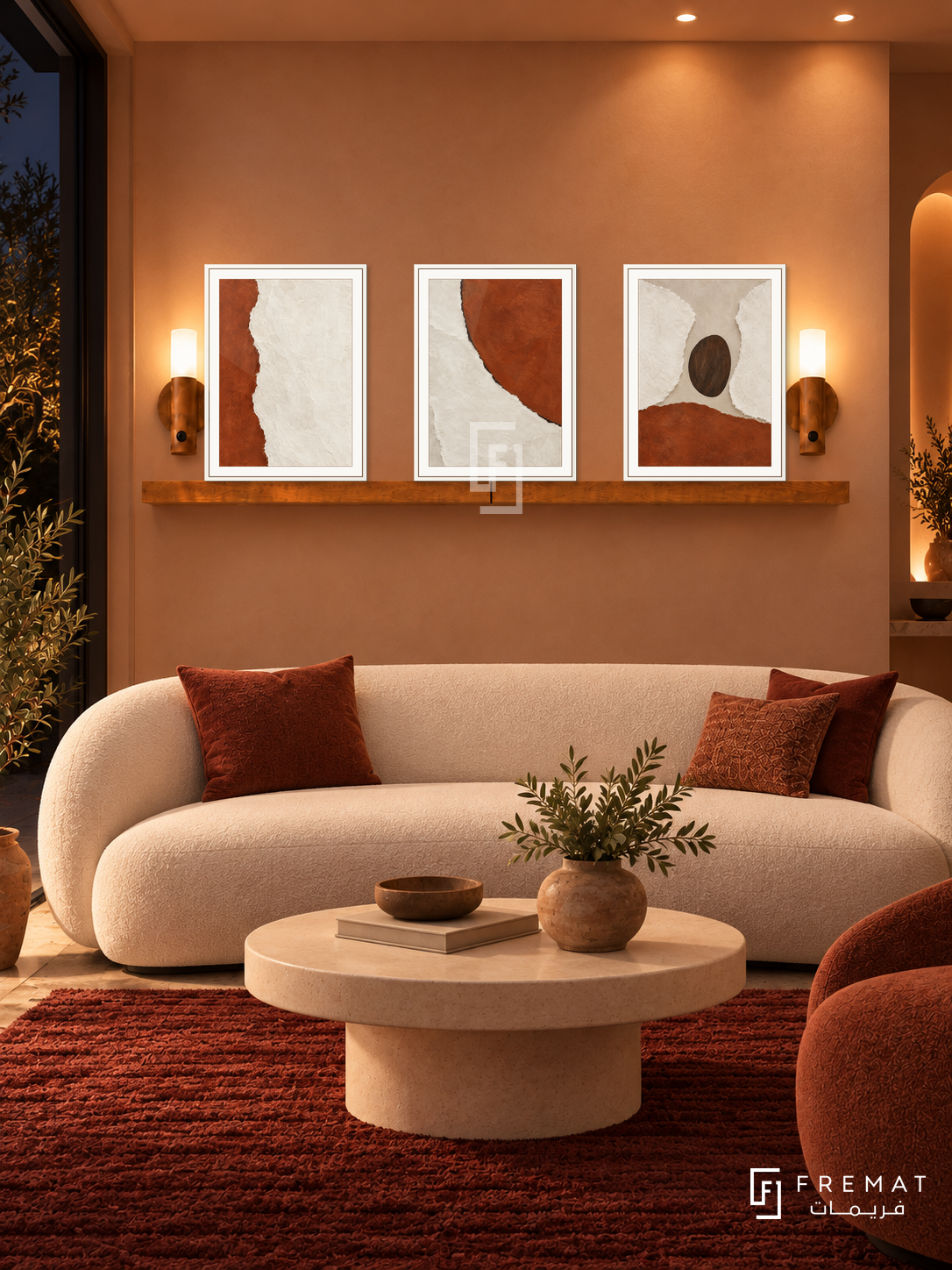 FREMAT Rust And Chalk shelf set with three 30 x 40 cm white frames, 2 cm white borders, honey wood shelf and two warm sensor lamps. Night modern terracotta living room, pale cinnamon wall, white curved sofa with rust cushions, cream circular table, dark red textured rug, dark window left, warm recessed spots.