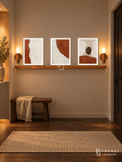 FREMAT Rust And Chalk shelf set with three 30 x 40 cm wooden texture frames, 2 cm white borders, honey wood shelf and two warm sensor lamps. Night rustic minimalist hall, warm chalk wall, walnut console with two drawers, terracotta ceramic bowl, dark oak floor and cream runner, dark door right, warm niche left.