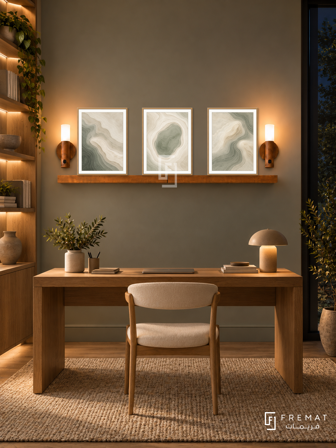 FREMAT Soft Topography shelf set with three 30 x 40 cm wooden texture frames, 2 cm white borders, honey wood shelf and two warm sensor lamps. Night organic home office, muted moss grey wall, solid oak writing desk, cream wooden chair, flax rug, dark forest window right, illuminated timber bookcase left.
