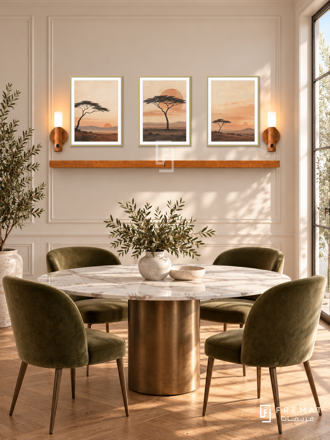 FREMAT Acacia Dusk shelf set with three 30 x 40 cm gold frames, 2 cm white borders, honey wood shelf and two warm sensor lamps. Morning elegant botanical dining area, warm cream panelled wall, round marble table bronze base and olive velvet chairs, oak parquet, sunny glass door right.