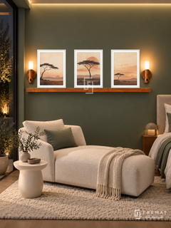 FREMAT Acacia Dusk shelf set with three 30 x 40 cm white frames, 2 cm white borders, honey wood shelf and two warm sensor lamps. Night modern sage bedroom corner, deep sage wall, ivory chaise, white oval side table, cream rug, dark courtyard glass left, warm ceiling cove.