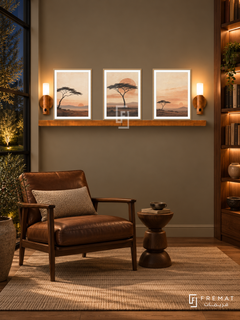 FREMAT Acacia Dusk shelf set with three 30 x 40 cm wooden texture frames, 2 cm white borders, honey wood shelf and two warm sensor lamps. Night colonial-modern library, olive taupe wall, walnut leather reading chair, turned wooden side table, beige striped rug, dark garden window left and lit timber bookcase right.