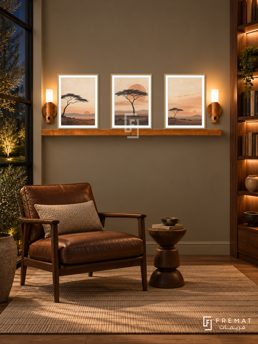 FREMAT Acacia Dusk shelf set with three 30 x 40 cm wooden texture frames, 2 cm white borders, honey wood shelf and two warm sensor lamps. Night colonial-modern library, olive taupe wall, walnut leather reading chair, turned wooden side table, beige striped rug, dark garden window left and lit timber bookcase right.