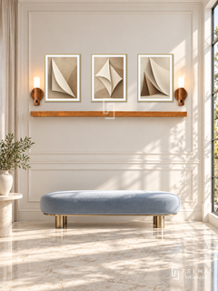FREMAT Paper Sails shelf set with three 30 x 40 cm gold frames, 2 cm white borders, honey wood shelf and two warm sensor lamps. Morning modern classical reception, ivory moulded wall, pale blue curved bench with brass feet, cream marble floor, sunny tall window right, narrow drapery at left.