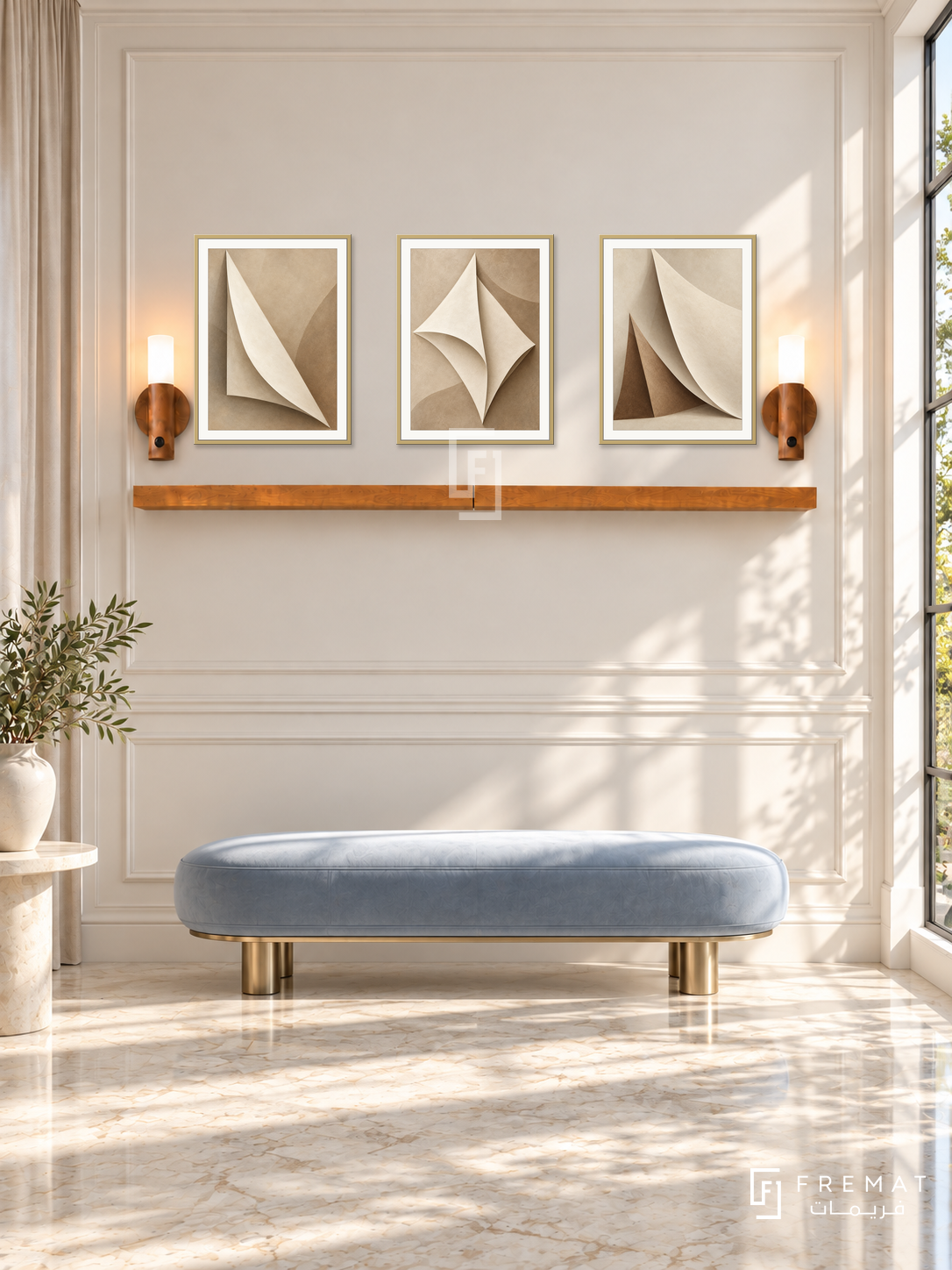 FREMAT Paper Sails shelf set with three 30 x 40 cm gold frames, 2 cm white borders, honey wood shelf and two warm sensor lamps. Morning modern classical reception, ivory moulded wall, pale blue curved bench with brass feet, cream marble floor, sunny tall window right, narrow drapery at left.