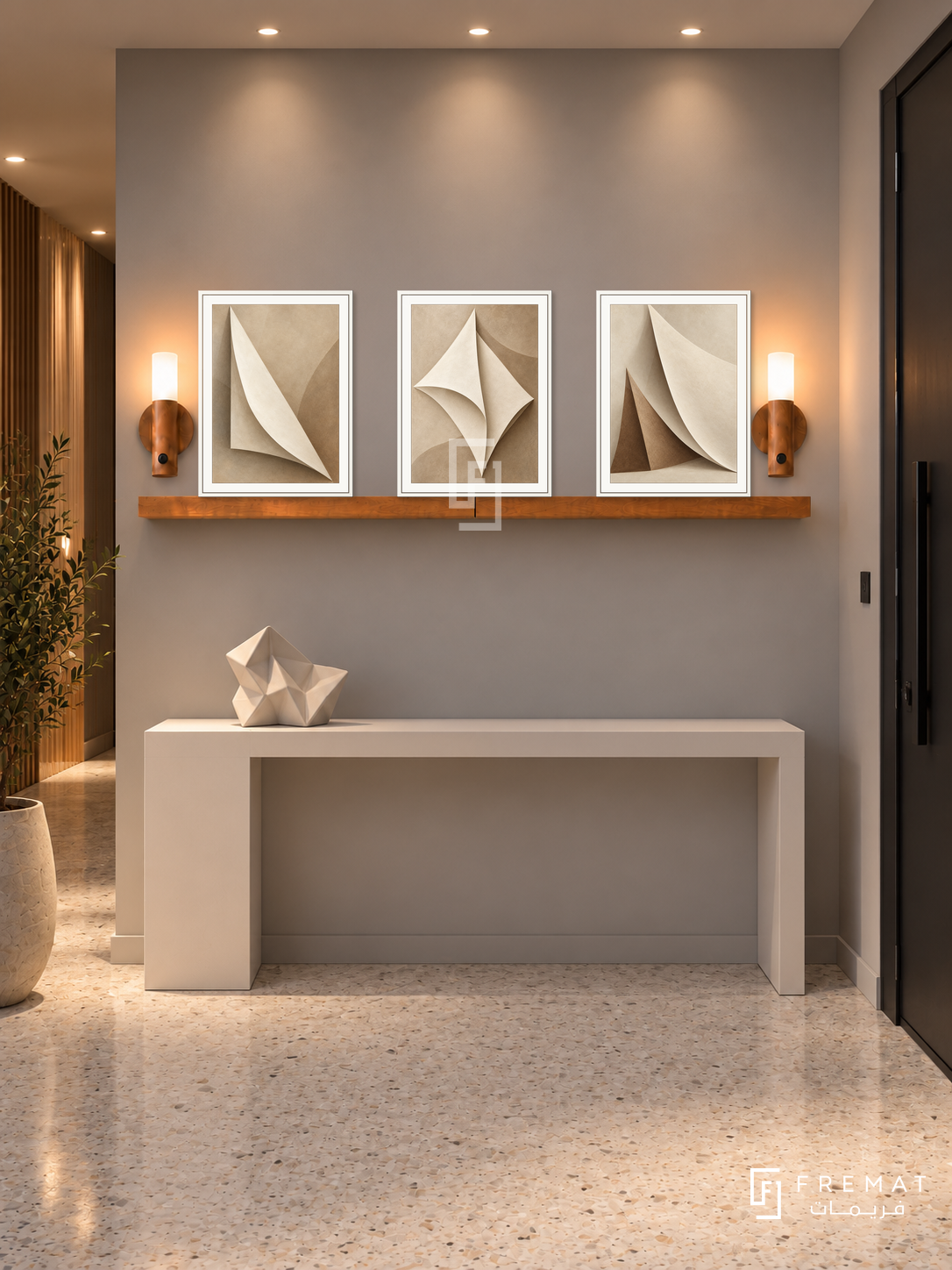 FREMAT Paper Sails shelf set with three 30 x 40 cm white frames, 2 cm white borders, honey wood shelf and two warm sensor lamps. Night contemporary hallway, mist grey wall, white angular console, folded paper-like ceramic sculpture, pale terrazzo floor, dark entry door right, warm ceiling spots.