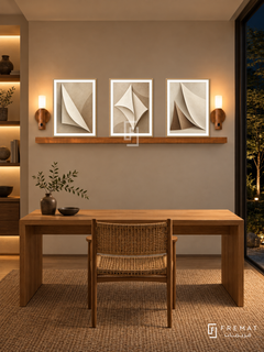 FREMAT Paper Sails shelf set with three 30 x 40 cm wooden texture frames, 2 cm white borders, honey wood shelf and two warm sensor lamps. Night Japanese minimalist study, parchment coloured wall, oak desk and woven chair, flax rug, dark garden window right, softly illuminated shelf alcove left.