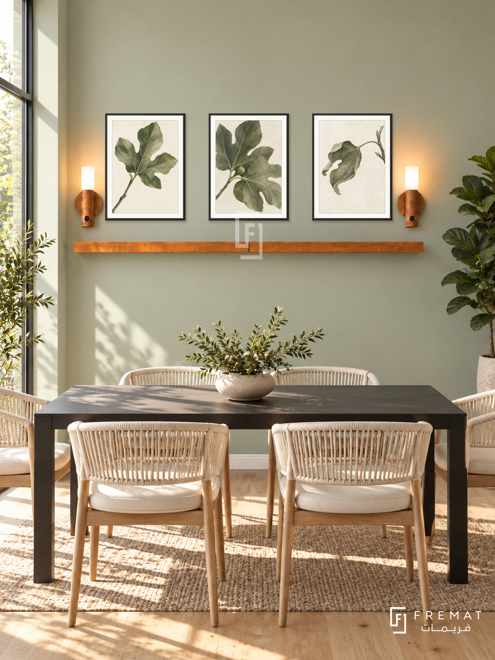FREMAT Fig Leaf Poetry shelf set with three 30 x 40 cm black frames, 2 cm white borders, honey wood shelf and two warm sensor lamps. Morning modern botanical dining nook, pale sage wall, black rectangular dining table with cream rope chairs, light oak floor, sunny window left, fig tree far right.