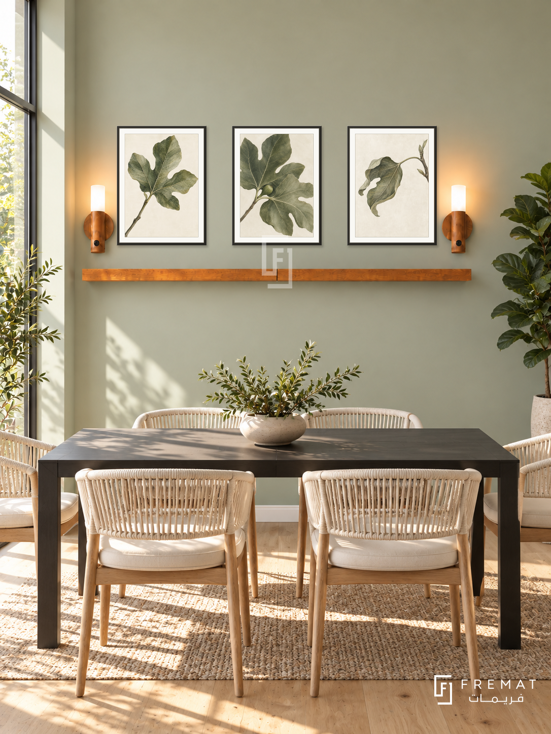 FREMAT Fig Leaf Poetry shelf set with three 30 x 40 cm black frames, 2 cm white borders, honey wood shelf and two warm sensor lamps. Morning modern botanical dining nook, pale sage wall, black rectangular dining table with cream rope chairs, light oak floor, sunny window left, fig tree far right.