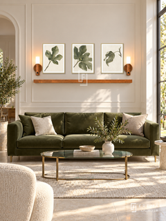 FREMAT Fig Leaf Poetry shelf set with three 30 x 40 cm gold frames, 2 cm white borders, honey wood shelf and two warm sensor lamps. Morning elegant garden-facing lounge, warm ivory panelled wall, olive velvet sofa on brass feet, narrow oval glass coffee table, pale stone floor, sunny window right.