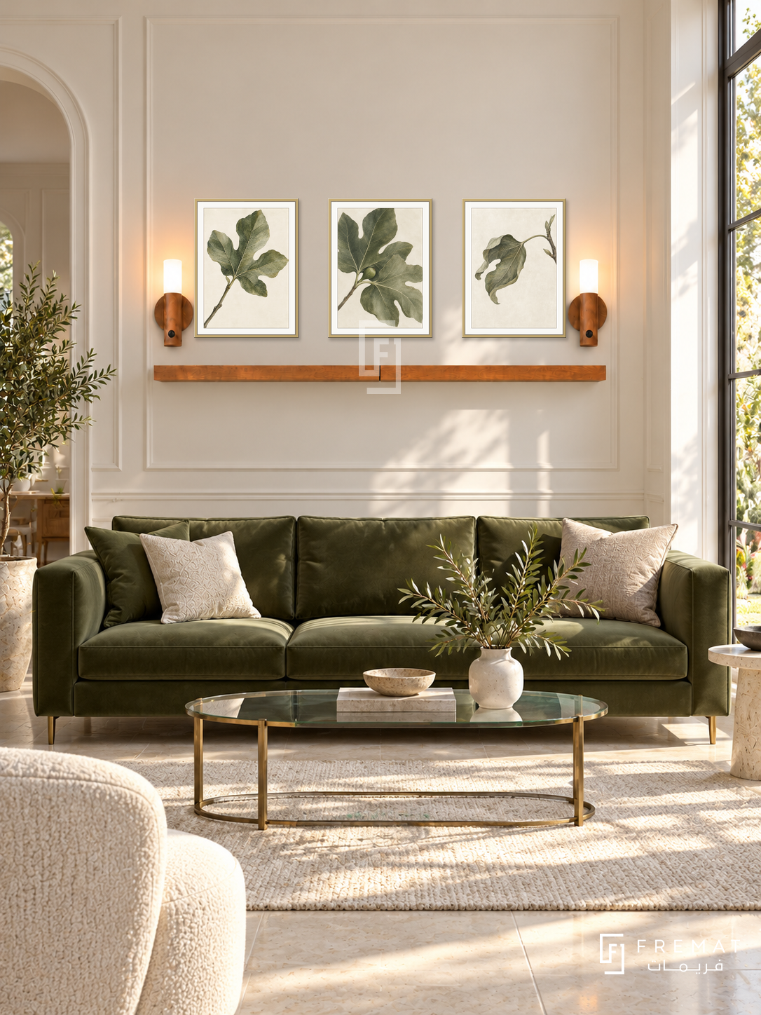 FREMAT Fig Leaf Poetry shelf set with three 30 x 40 cm gold frames, 2 cm white borders, honey wood shelf and two warm sensor lamps. Morning elegant garden-facing lounge, warm ivory panelled wall, olive velvet sofa on brass feet, narrow oval glass coffee table, pale stone floor, sunny window right.