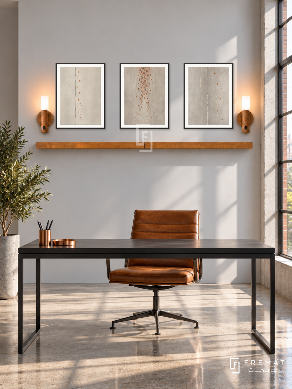 FREMAT Copper Rain shelf set with three 30 x 40 cm black frames, 2 cm white borders, honey wood shelf and two warm sensor lamps. Morning industrial contemporary study, pale grey wall, black metal desk with cognac chair, polished concrete, sunny factory window right, copper desk accessory low left.